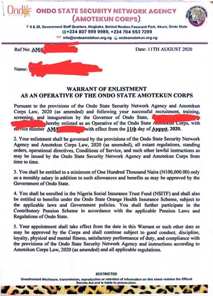 Panic in Ondo Amotekun Corps as commander issues warrant of enlistment letters instead of appointment and confirmation letters